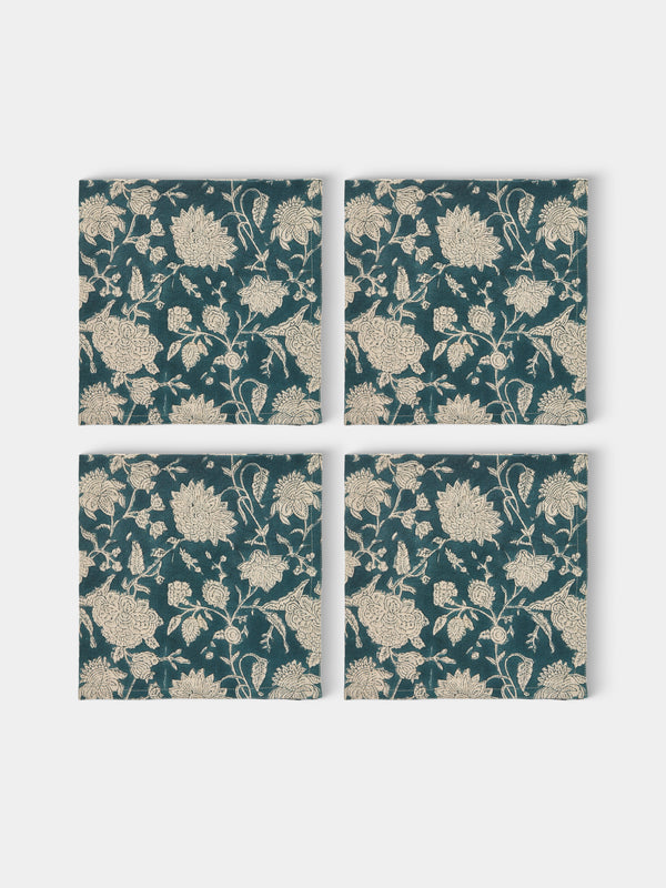 Chamois - Indian Rose Block-Printed Linen Napkins (Set of 4) - Blue - ABASK - 