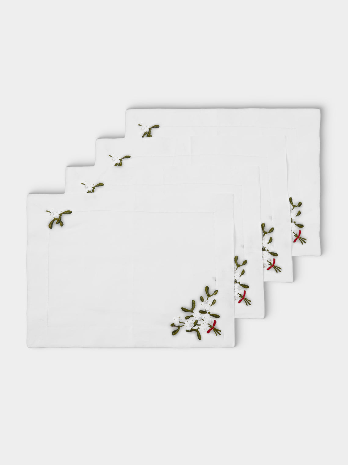 ERI Textiles - | Set of 4 | Mistletoe Bunch Hand-Embroidered Linen Placemats - Multiple - ABASK