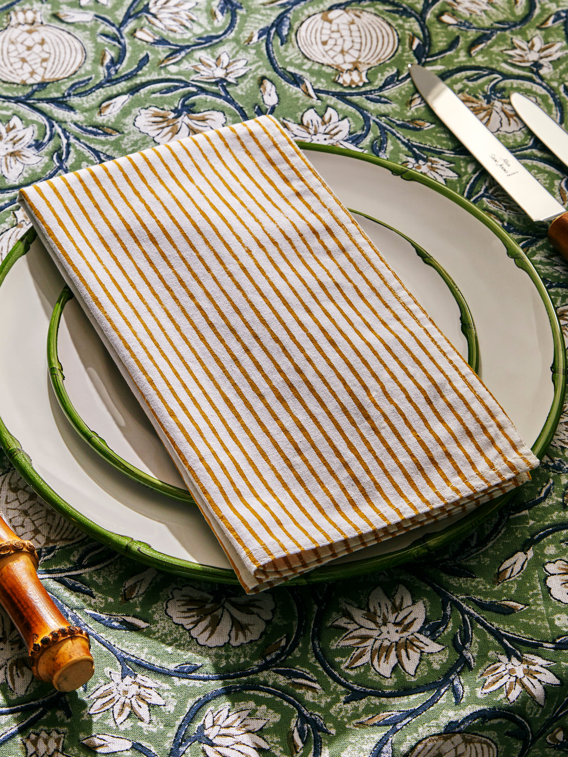 Chamois - Stripe Block-Printed Cotton Napkins (Set of 4) - Yellow - ABASK