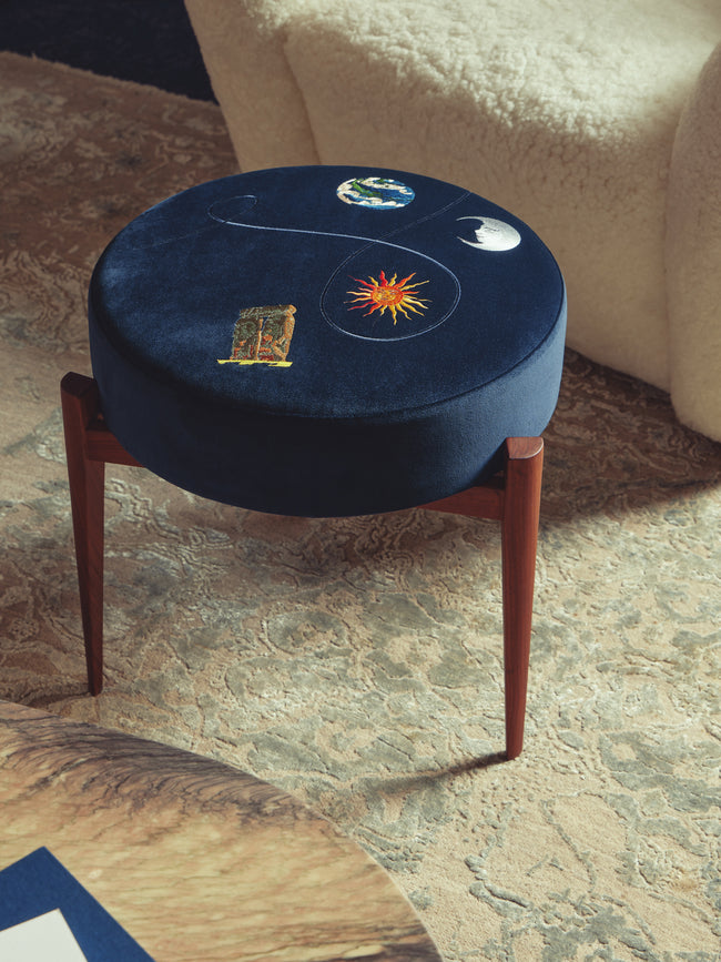 Uncommon Ancestor - Solstice Embroidered Velvet Round Footstool - Navy - ABASK