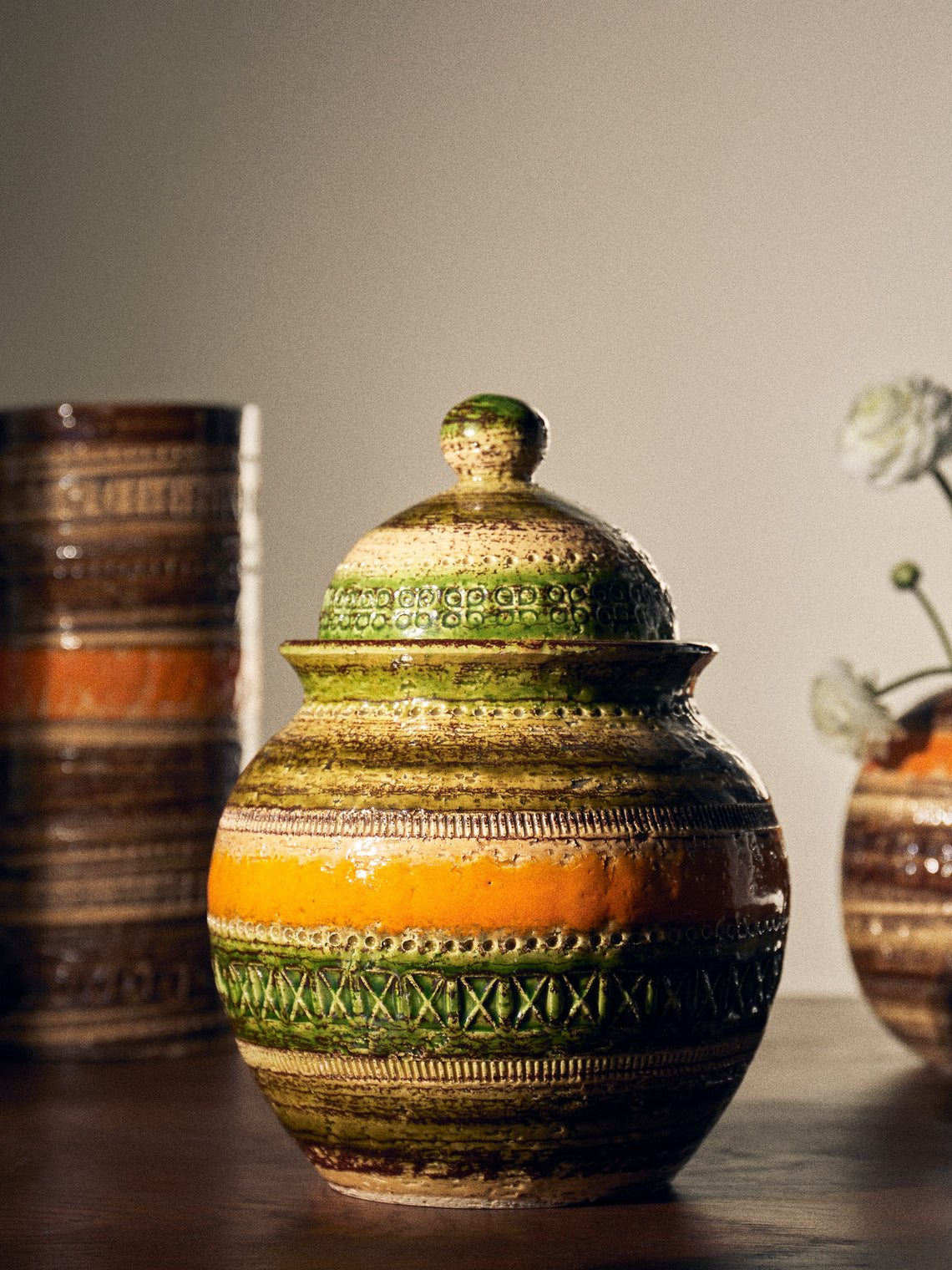 Antique and Vintage - 1960s Bitossi Sahara Ceramic Lidded Jar - Green - ABASK