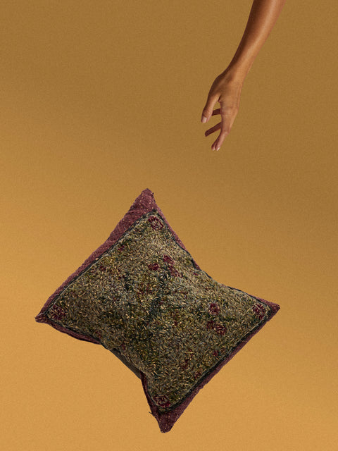 By Walid - 18th-Century Needlepoint Wool and Damask Cushion (17.5in/45cm) - Green - ABASK