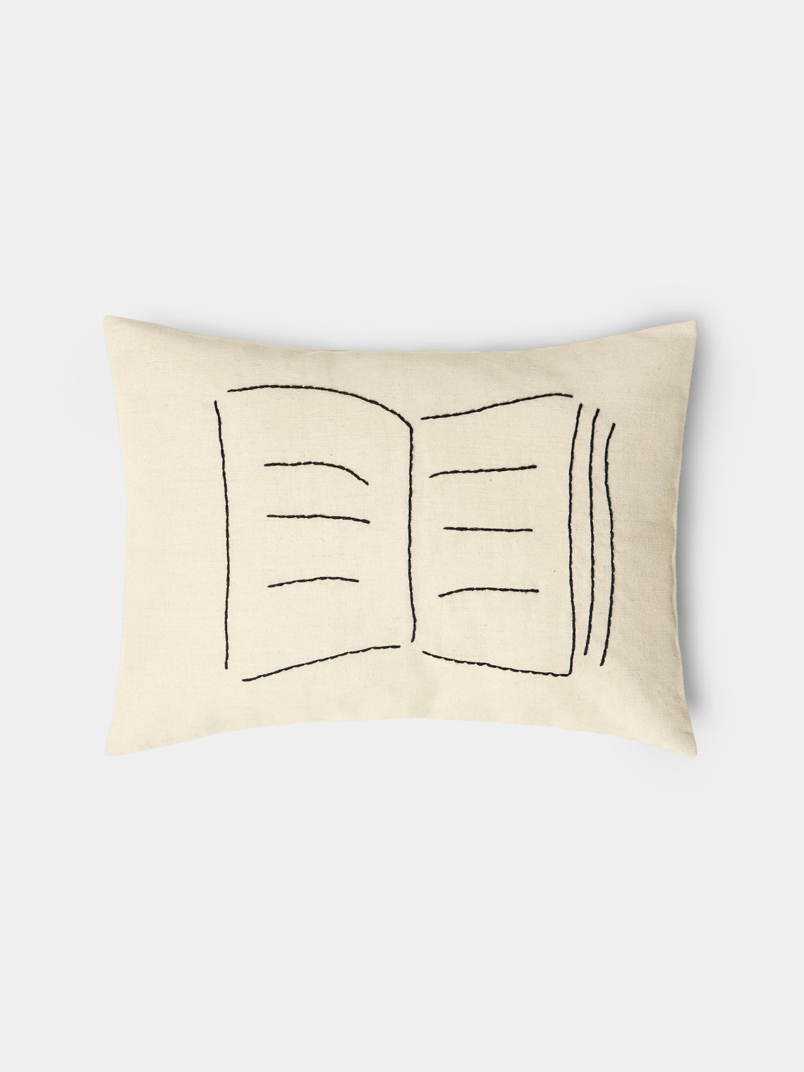 Oeuvres Sensibles - Book Hand-Embroidered Cotton and Hemp Linen Cushion (15.5in/40cm) - Cream - ABASK - 