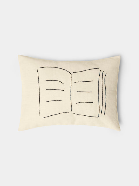 Oeuvres Sensibles - Book Hand-Embroidered Cotton and Hemp Linen Cushion (15.5in/40cm) - Cream - ABASK - 