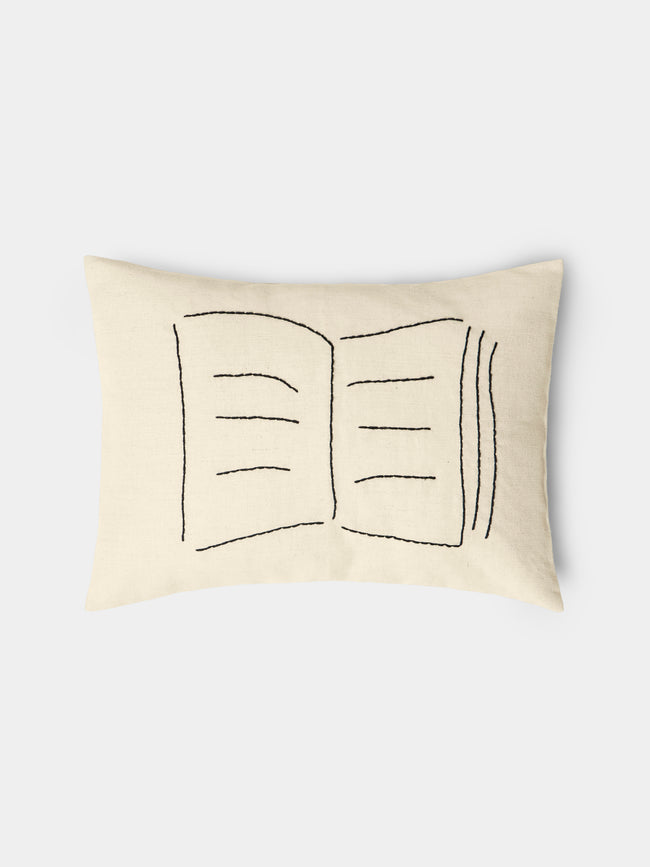 Oeuvres Sensibles - Book Hand-Embroidered Cotton and Hemp Linen Cushion (15.5in/40cm) - Cream - ABASK - 