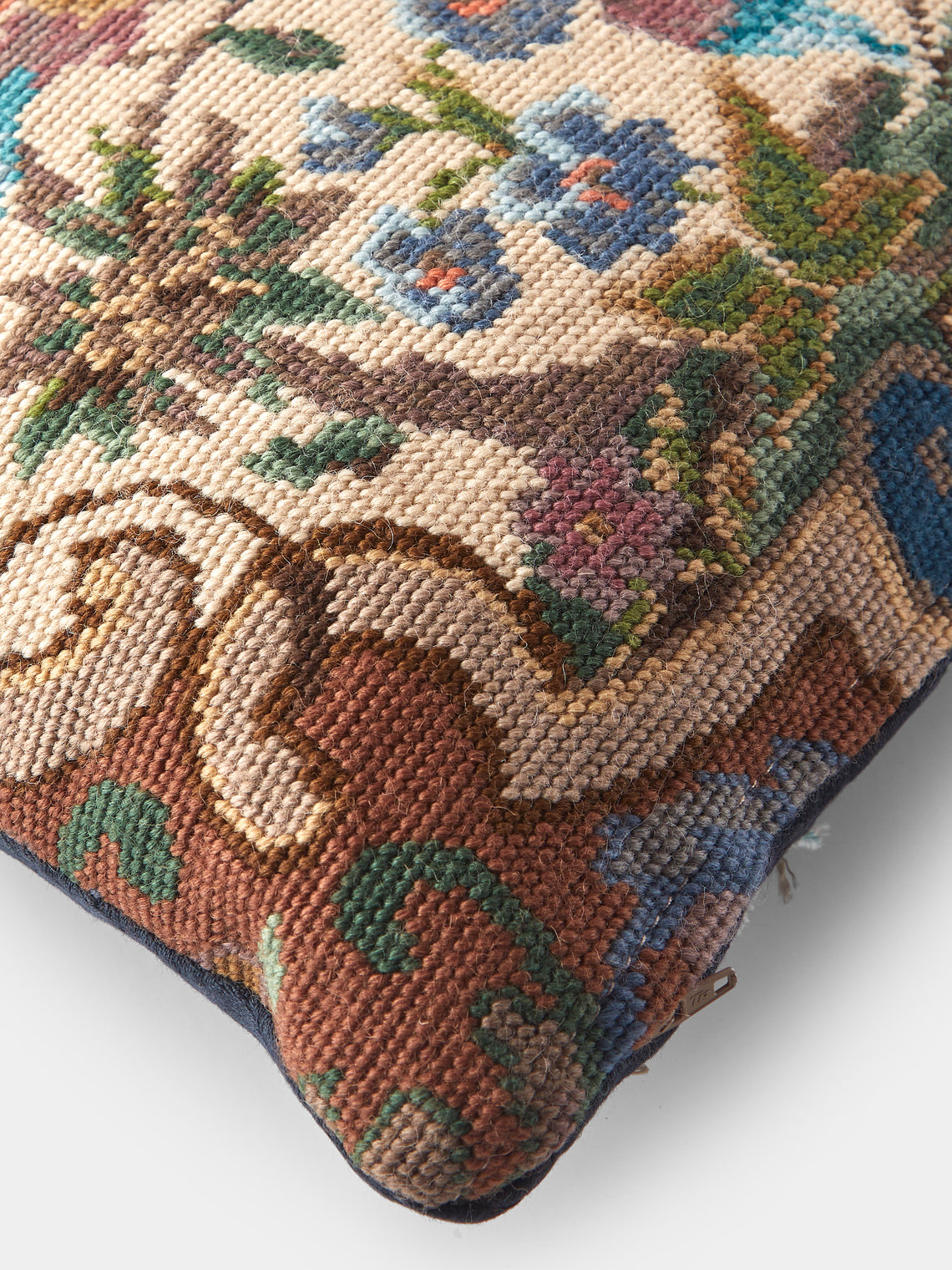 By Walid - 19th-Century Victorian Needlepoint Wool, Linen and Damask Cushion (15.5in/40cm) - Multiple - ABASK