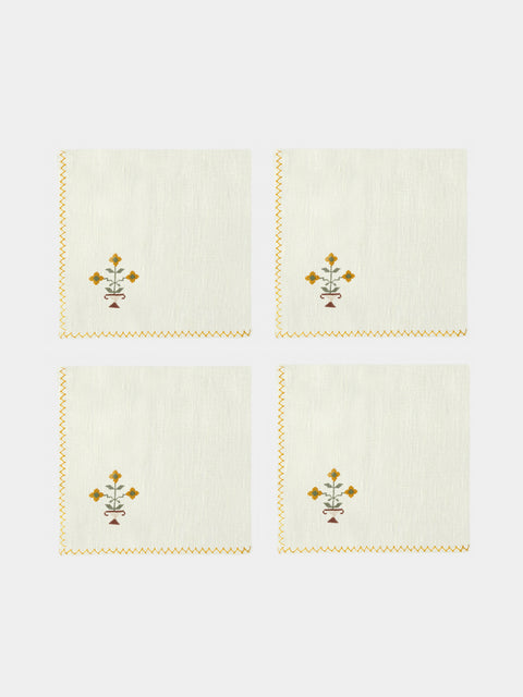 Anut Cairo - Bouquet Hand-Embroidered Linen Napkins (Set of 4) - Yellow - ABASK