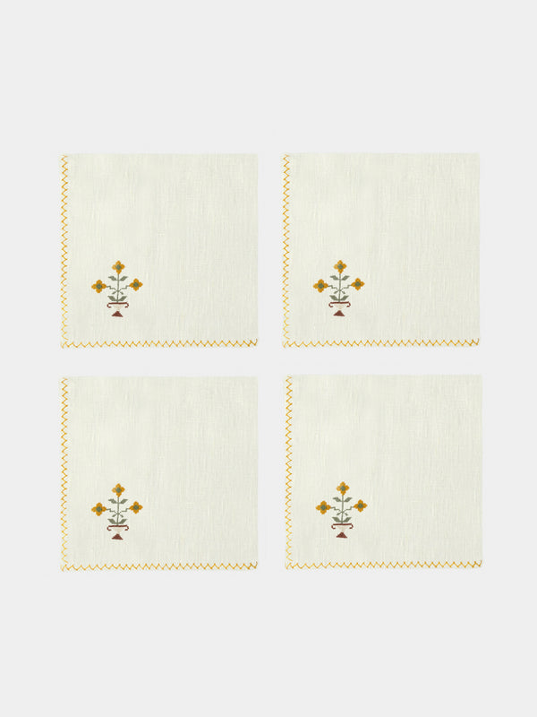 Anut Cairo - Bouquet Hand-Embroidered Linen Napkins (Set of 4) - Yellow - ABASK