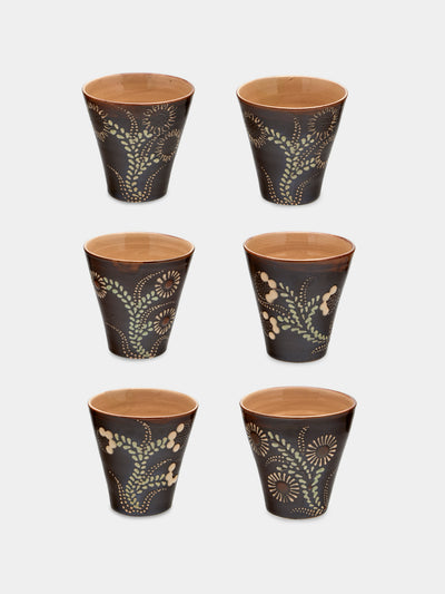 Poterie d’Évires - Flowers Hand-Painted Ceramic Coffee Cups (Set of 6) - Dark brown - ABASK - 