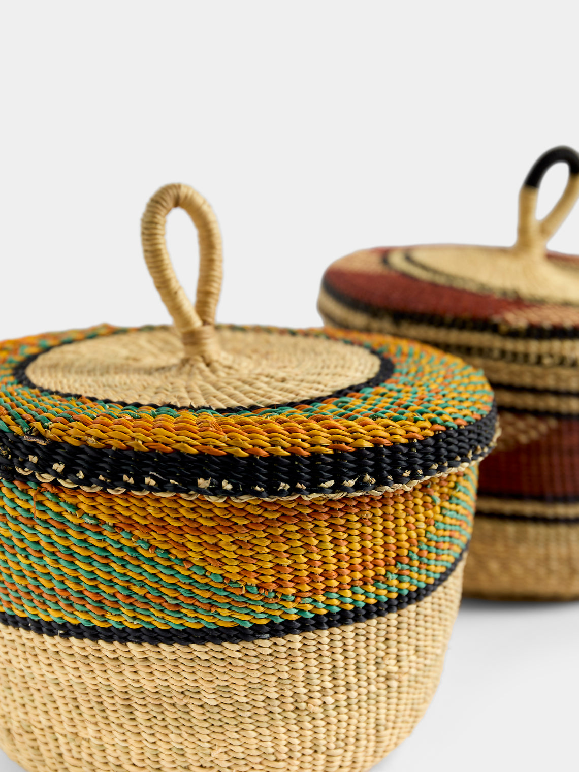 Baba Tree - Banasco Handwoven Elephant Grass Lidded Storage Baskets (Set of 2) - Multiple - ABASK