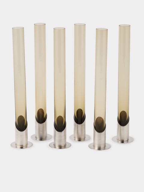 Antique and Vintage - | Set of 6 | 1970 Murano Glass and Sterling Silver Vases (9in/23cm) - Smoke - ABASK - 