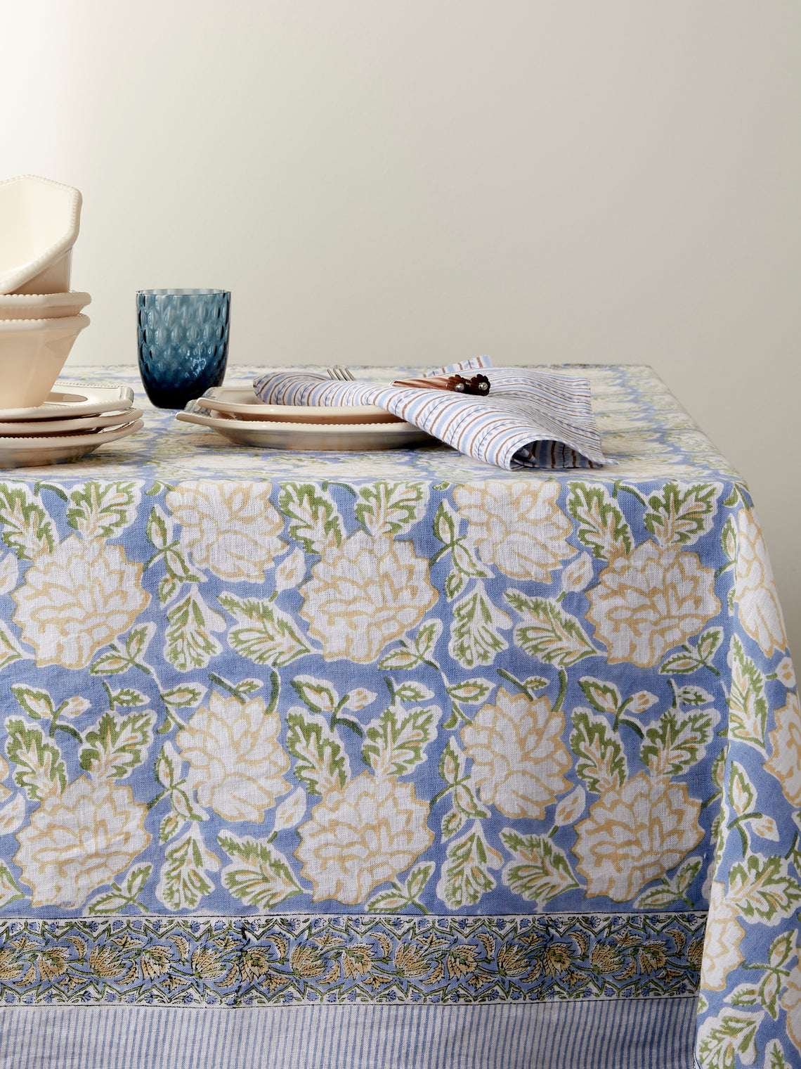 Chamois - Dahlia Block-Printed Linen Rectangular Tablecloth (138in/3.5m) - Blue - ABASK