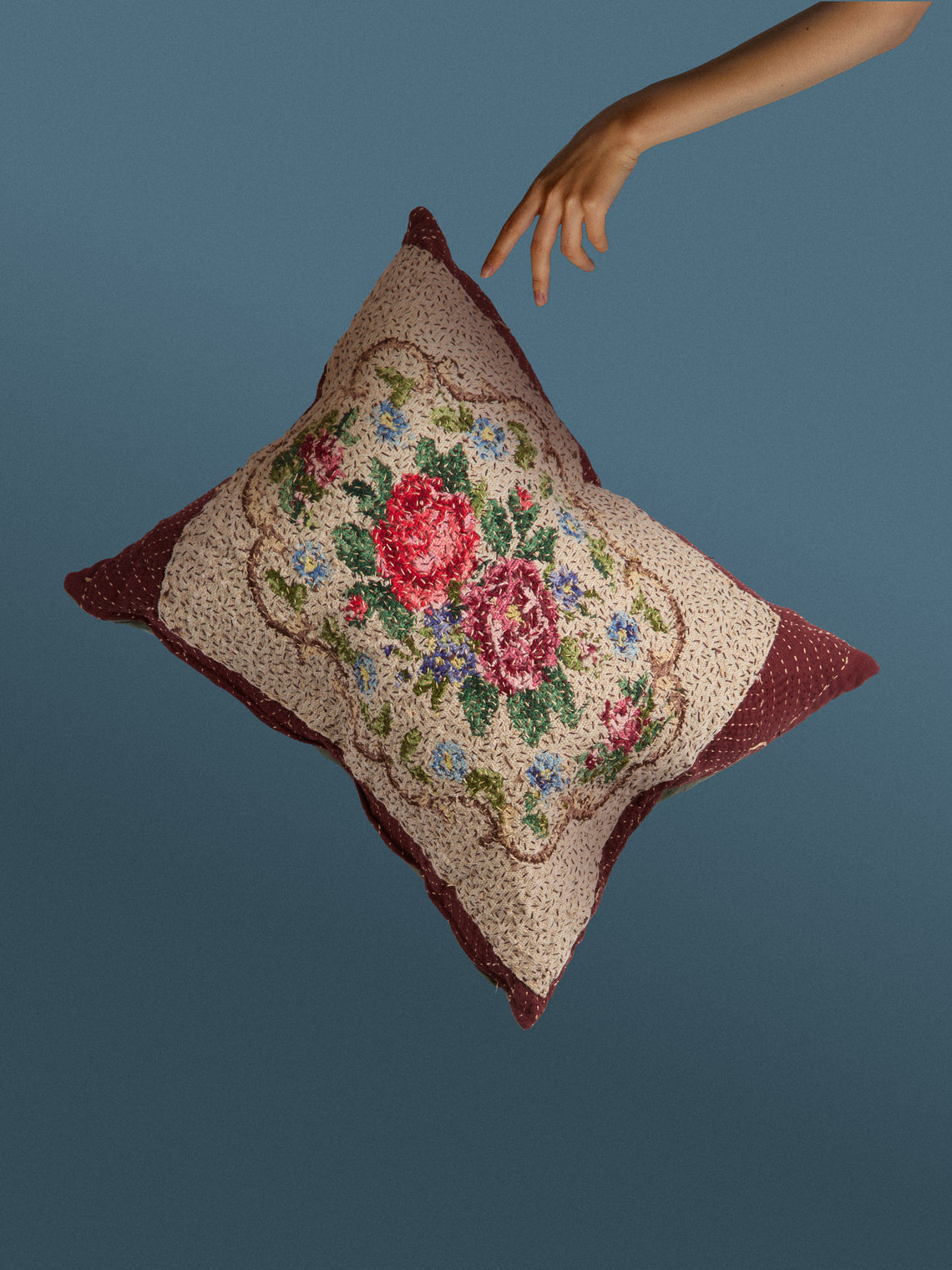 By Walid - 19th-Century Edwardian Needlepoint Wool and Linen Cushion (23in/58cm) - Multiple - ABASK