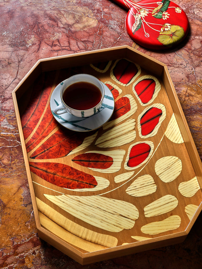 Silvia Furmanovich - Butterflies Marquetry Wood Octagonal Tray (15.5in/40cm) - Red - ABASK