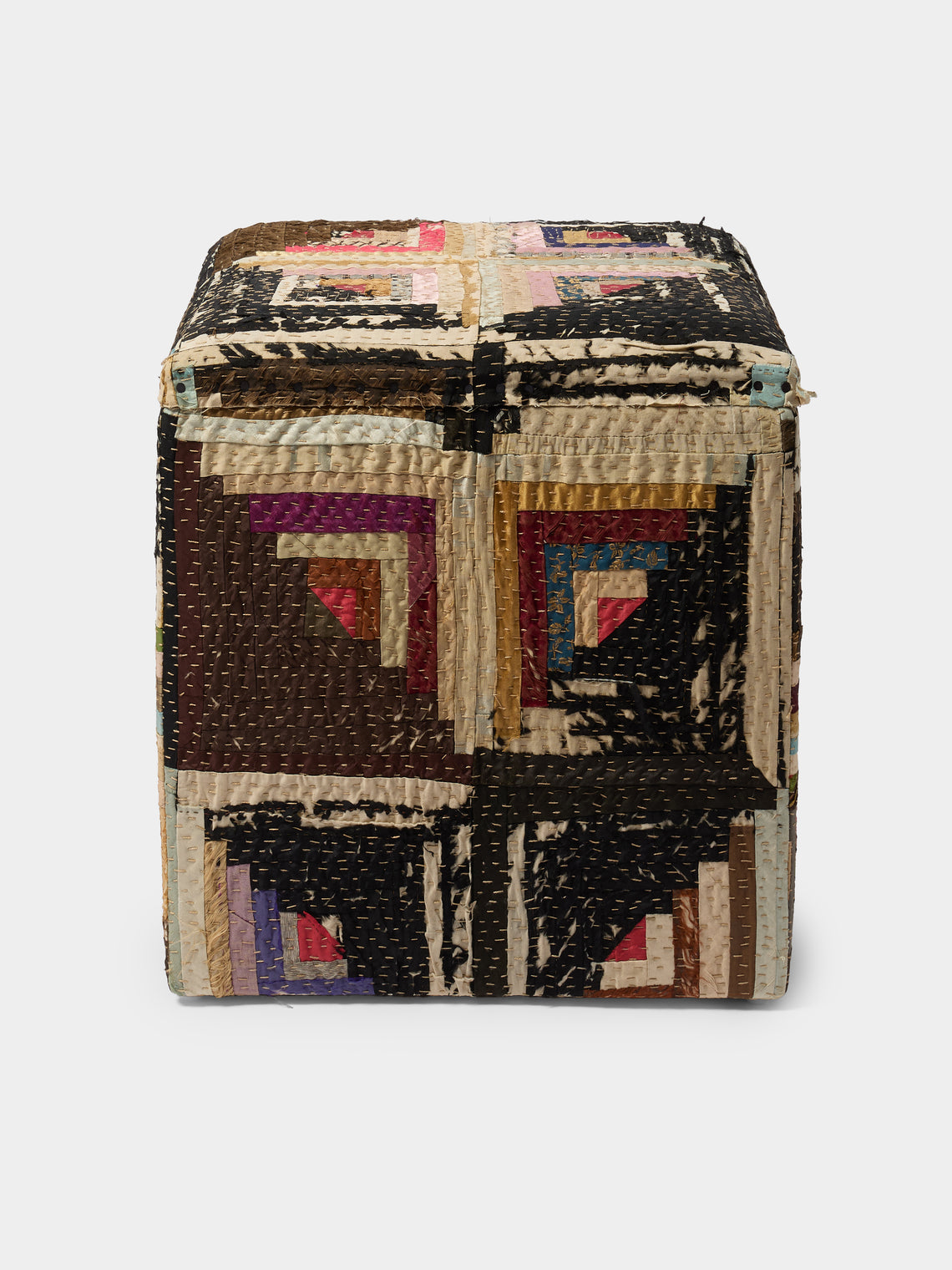 By Walid - Oak and Log Cabin Patchwork Storage Stool - Multiple - ABASK