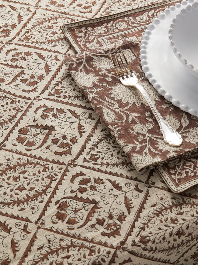 Chamois - Jaipur Block-Printed Linen Round Tablecloth (86.5in/2.2m) - Brown - ABASK