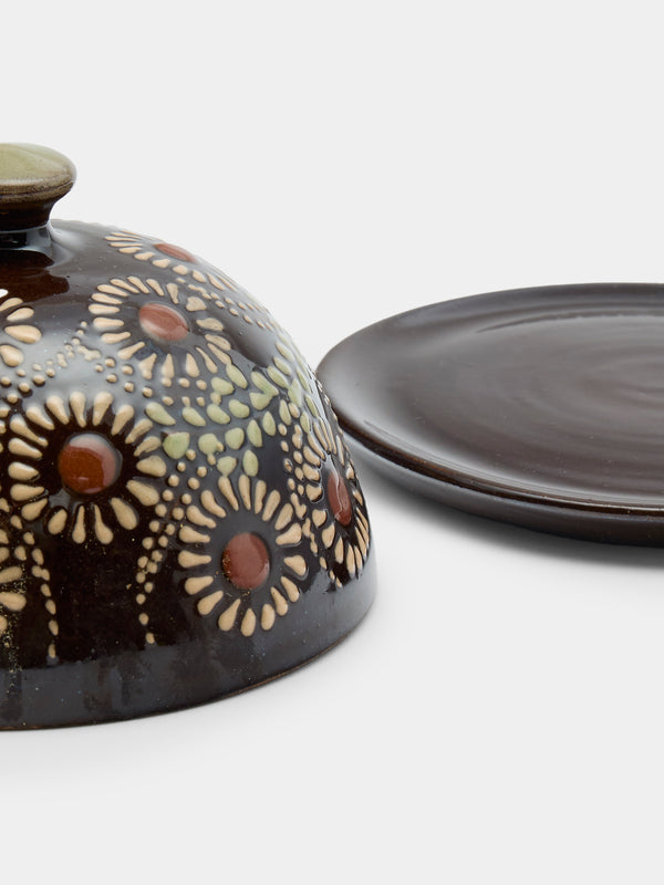 Poterie d’Évires - Flowers Hand-Painted Ceramic Small Butter Dish - Dark brown - ABASK