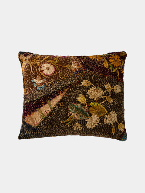 By Walid - 19th-Century Victorian Silk and Velvet Embroidered Cotton Cushion (19.5in/50cm) - Multiple - ABASK - 