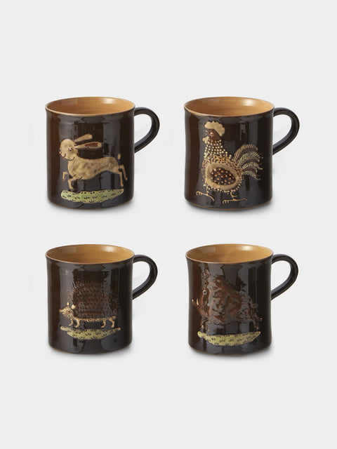 Poterie d’Évires - Animals Hand-Painted Ceramic Mugs (Set of 4) - Dark Brown - ABASK - 