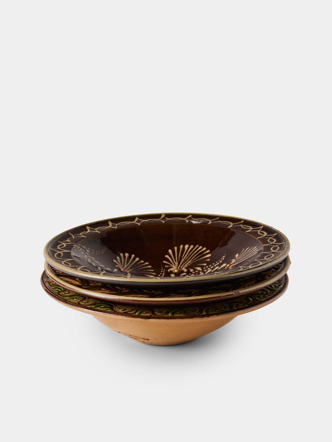 Poterie d’Évires - Flowers Hand-Painted Ceramic Breakfast Bowls (Set of 3) - Brown - ABASK