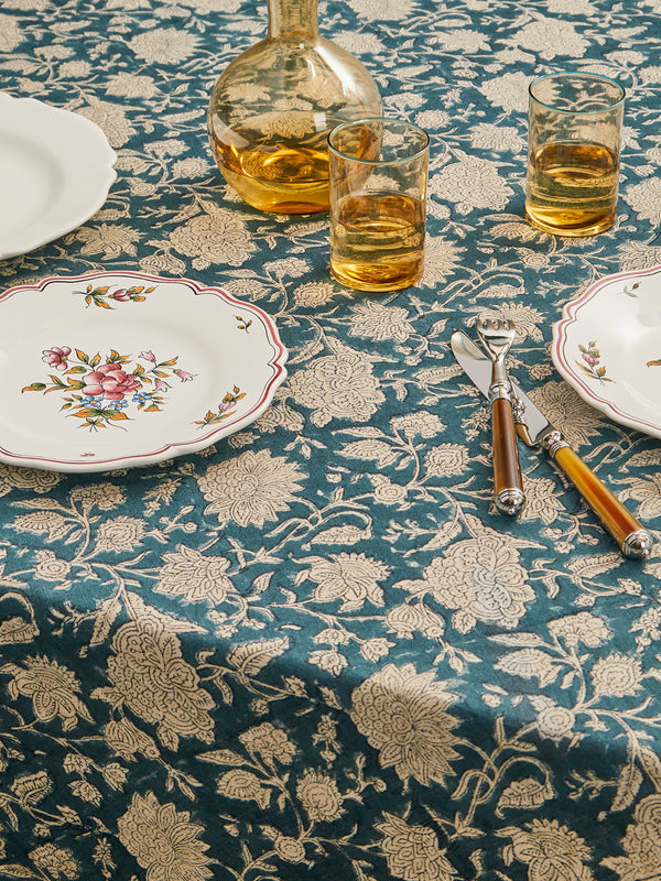 Chamois - Indian Rose Block-Printed Linen Rectangular Tablecloth - Blue - ABASK