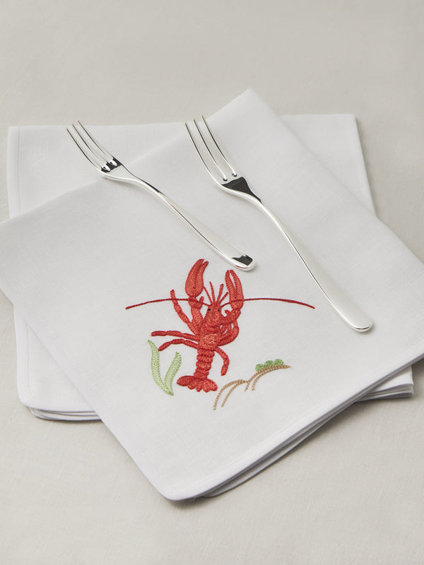 Loretta Caponi - Lobster Hand-Embroidered Linen Napkins (Set of 2) -  - ABASK