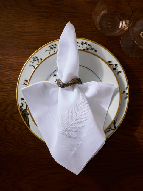 ERI Textiles - | Set of 4 | Fern Hand-Embroidered Linen Napkins - White - ABASK