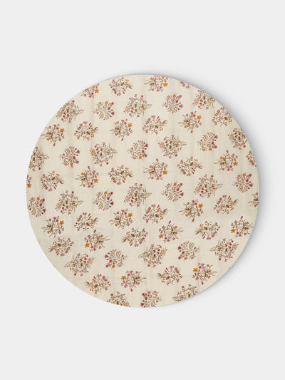 Volga Linen - Scarlet Flax & Field Flowers Overlock-Stitch Linen Round Tablecloth (86.5in/2.2m) - Cream - ABASK