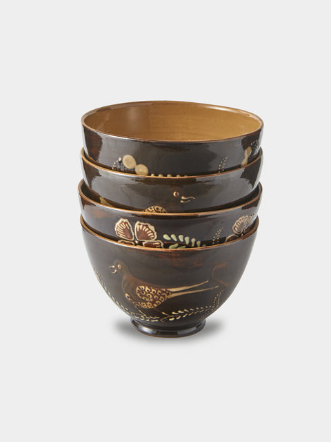 Poterie d’Évires - Birds and Flowers Hand-Painted Ceramic Grand Bowls (Set of 4) - Dark Brown - ABASK - 