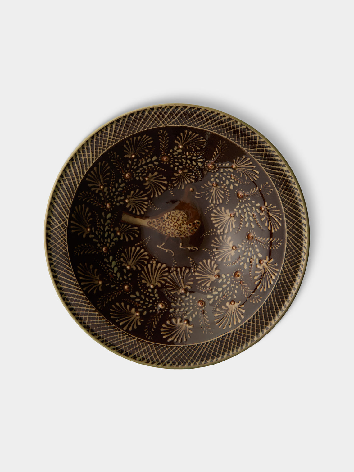 Poterie d’Évires - Birds Hand-Painted Ceramic Serving Bowl - Dark brown - ABASK