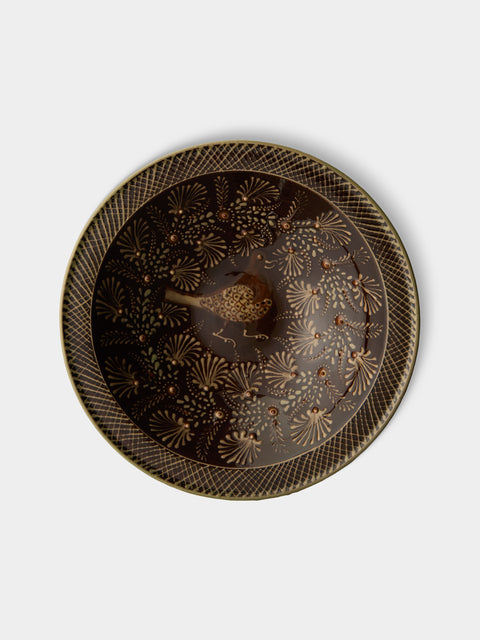 Poterie d’Évires - Birds Hand-Painted Ceramic Serving Bowl - Dark brown - ABASK