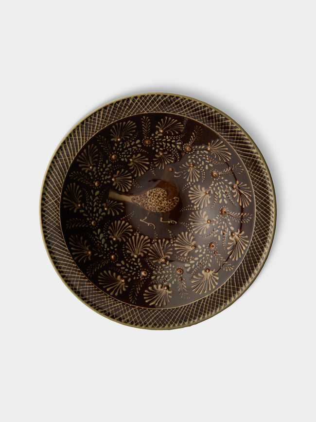 Poterie d’Évires - Birds Hand-Painted Ceramic Serving Bowl - Dark brown - ABASK