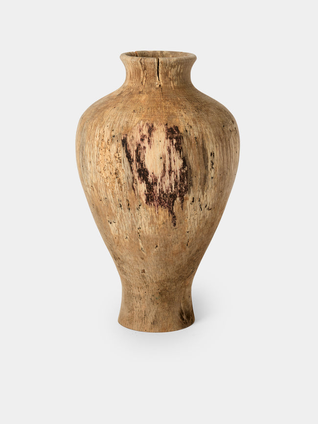 Iida Woodturning - Hand-Turned Japanese Stone Oak Earth-Finish Vase (13in/33.5cm) - Brown - ABASK - 