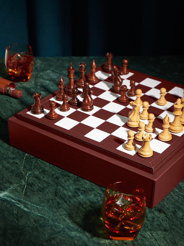 Giobagnara - Leather Triple Checkers, Chess and Dominoes Compendium - Burgundy - ABASK