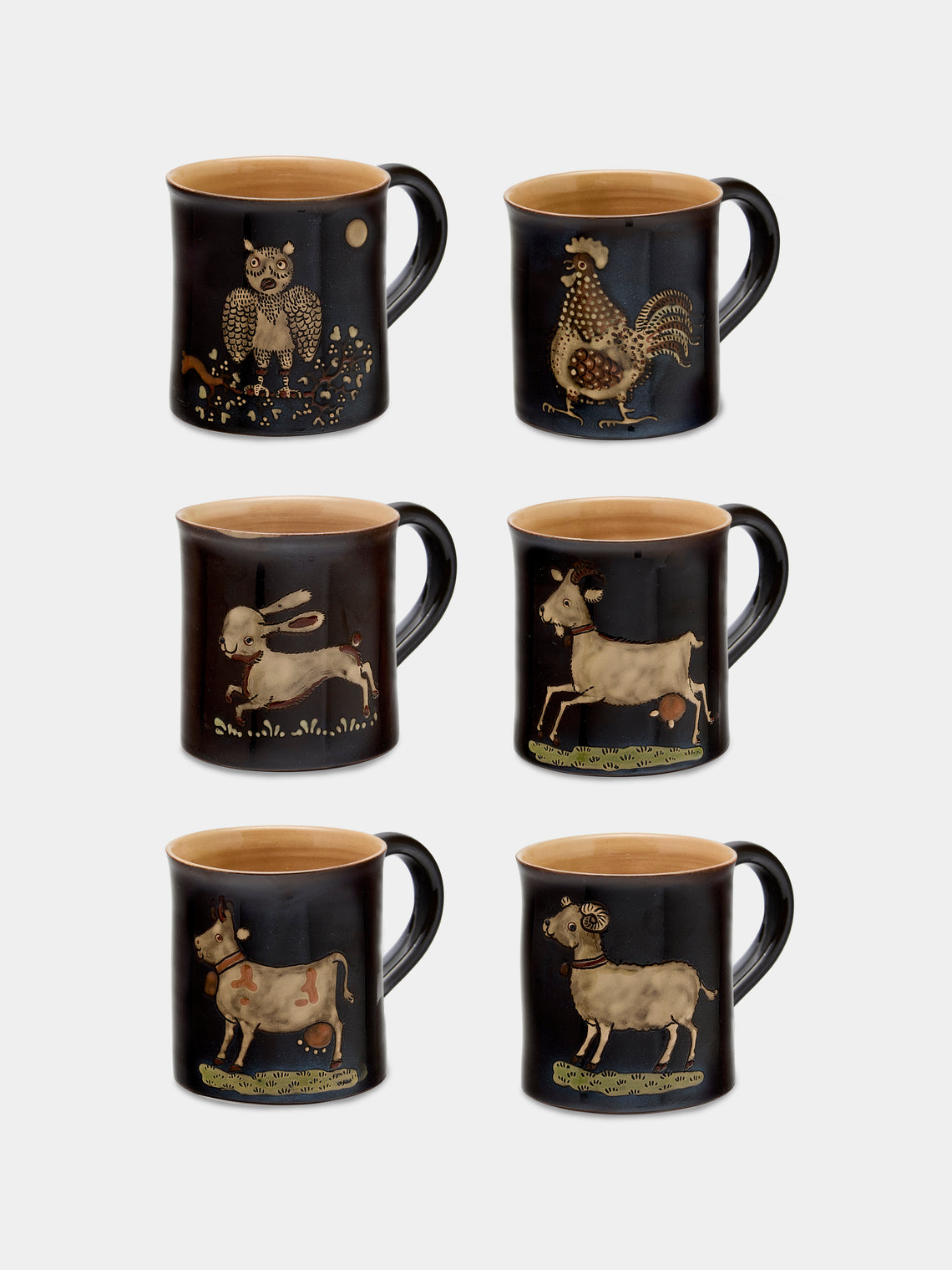 Poterie d’Évires - Safari Hand-Painted Ceramic Mugs (Set of 6) - Dark brown - ABASK - 