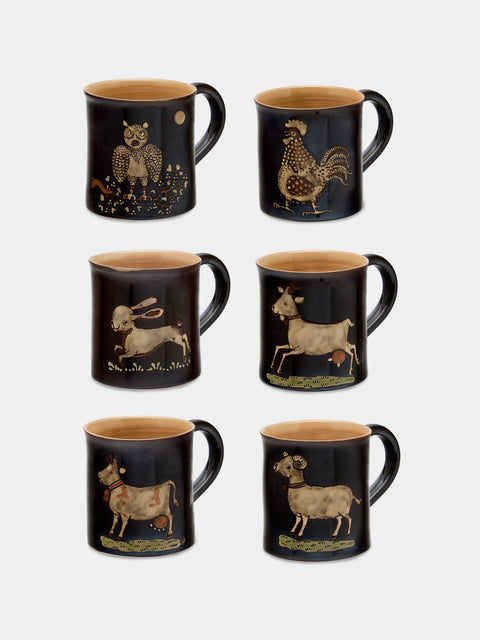 Poterie d’Évires - Safari Hand-Painted Ceramic Mugs (Set of 6) - Dark brown - ABASK - 