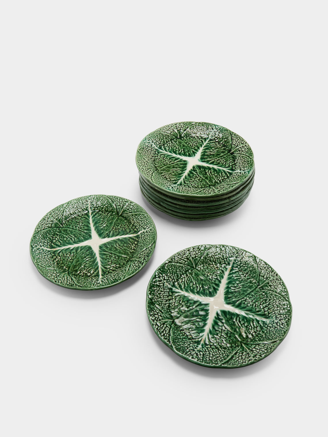 Antique and Vintage - Mid-Century Cabbage Majolica Ceramic Dinner Plates – 10.5in/27cm (Set of 8) - Green - ABASK