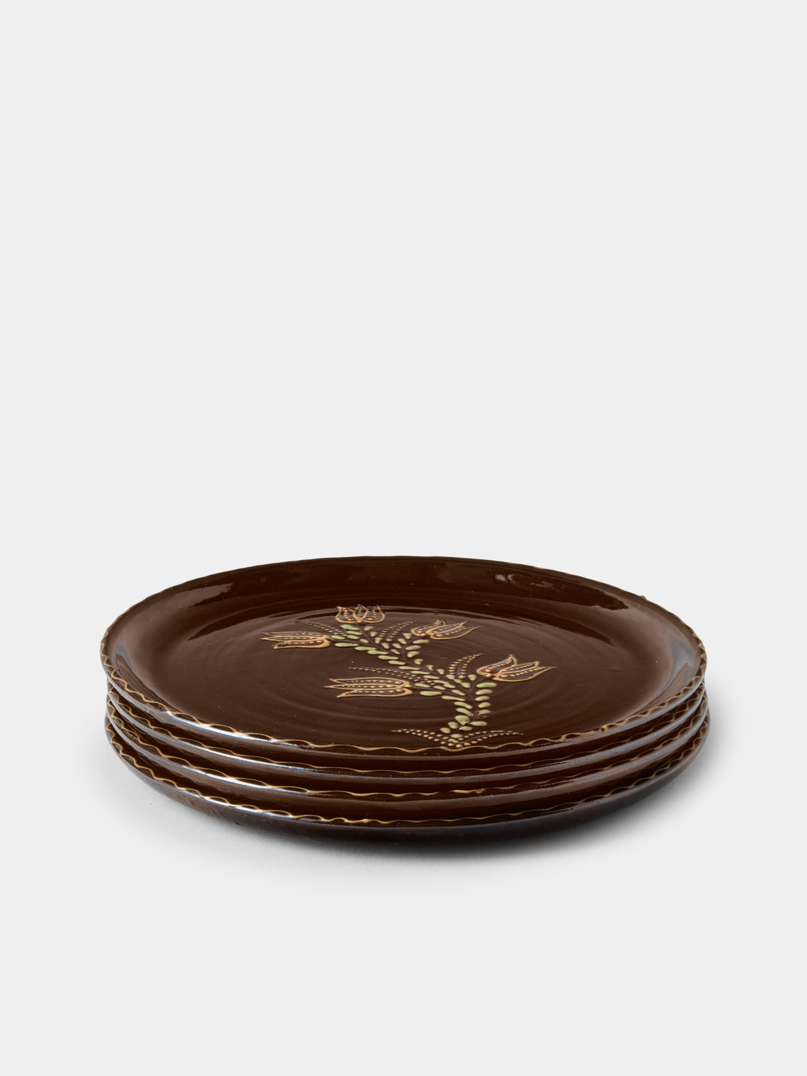 Poterie d’Évires - Flowers Hand-Painted Ceramic Dinner Plates – 9.5in/24cm (Set of 4) - Dark Brown - ABASK
