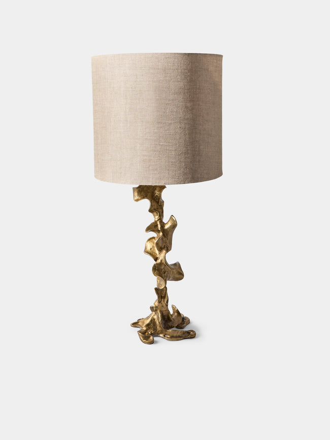 Viya - Saffron Brass and Embroidered Cotton Small Table Lamp - Brass - ABASK - 