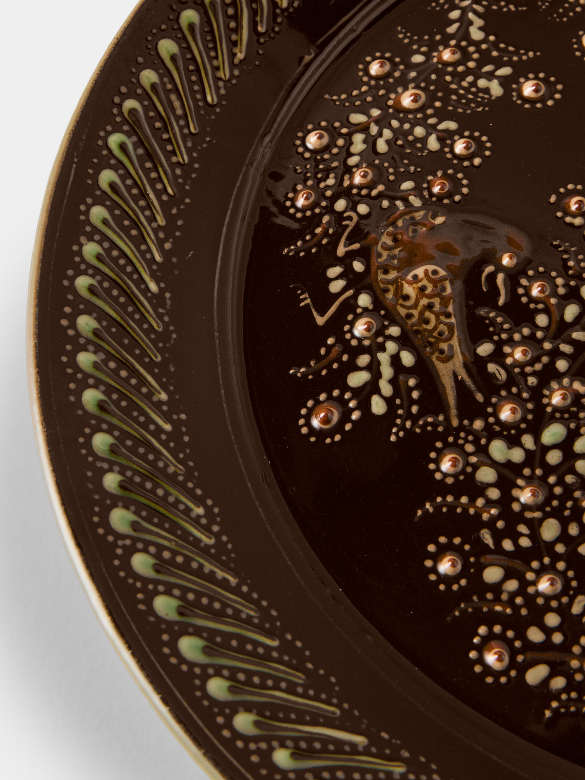 Poterie d’Évires - Birds Hand-Painted Ceramic Round Platter - Dark Brown - ABASK