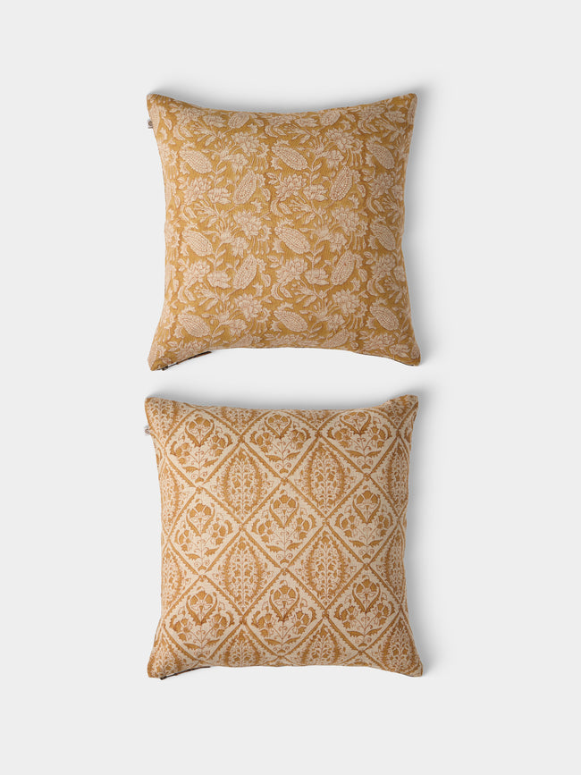 Chamois - Block-Printed Linen Cushions – 19.5in/50cm (Set of 2) - Yellow - ABASK - 