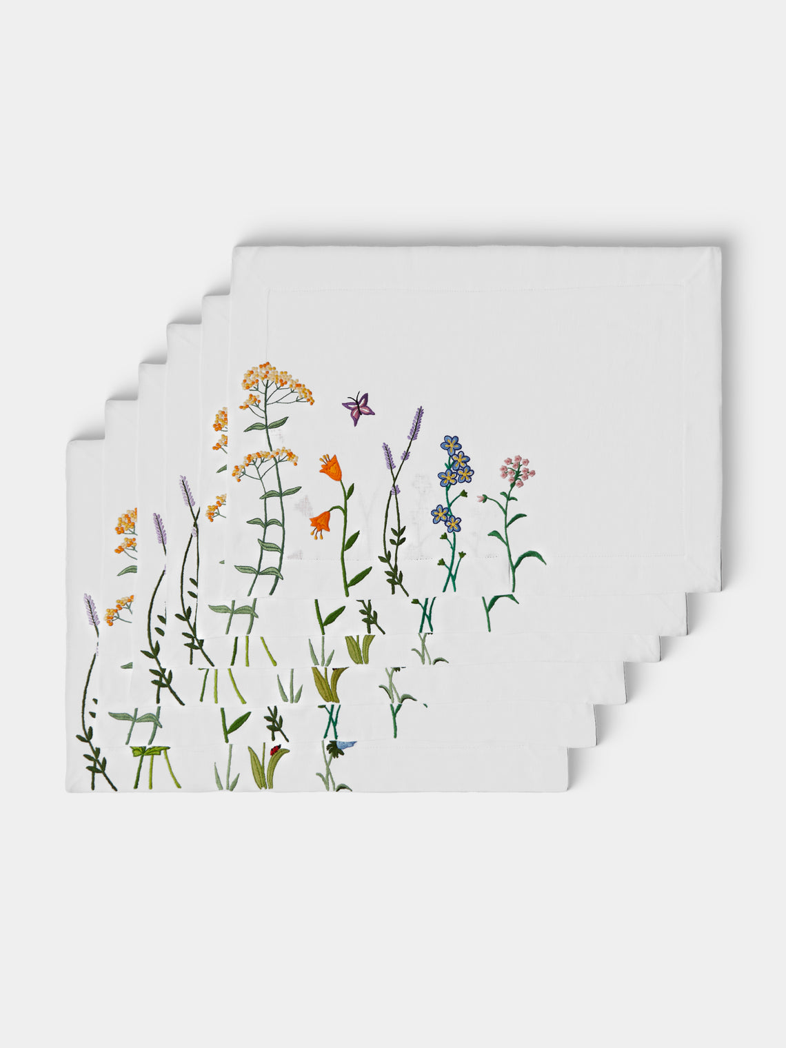 Taf Firenze - | Set of 6 | Summer Floral Hand-Embroidered Linen Placemats - White - ABASK