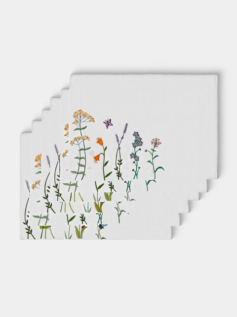 Taf Firenze - | Set of 6 | Summer Floral Hand-Embroidered Linen Placemats - White - ABASK