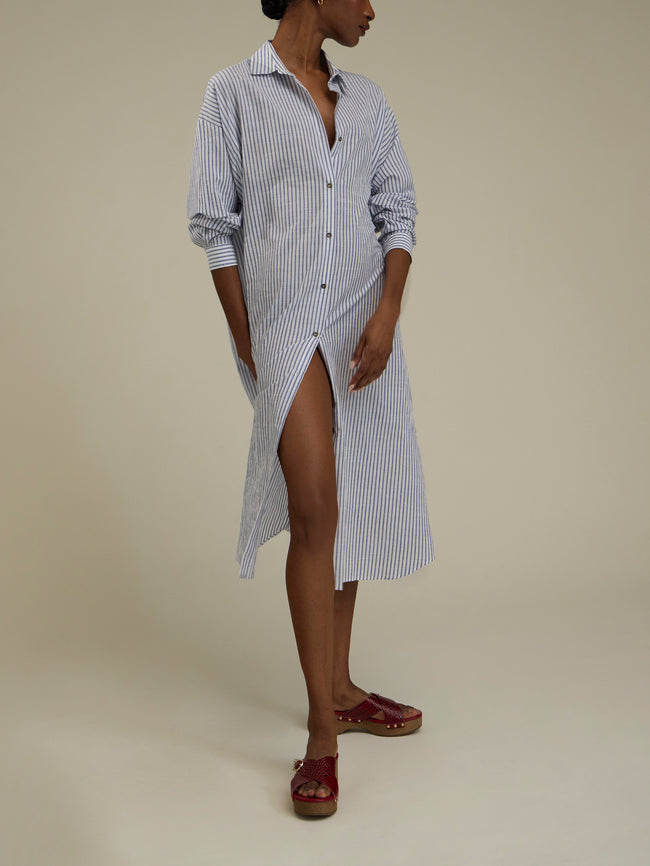Dusan - Cotton Long Shirt Dress - Blue - ABASK
