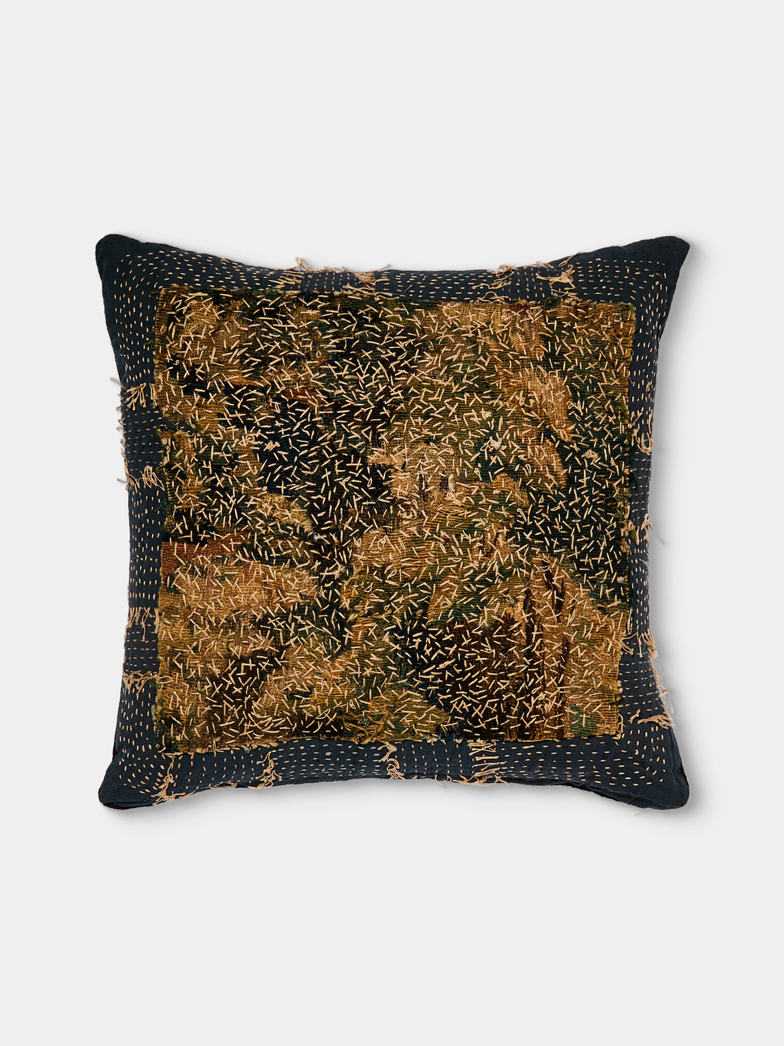 By Walid - 17th-Century Flemish Verdure Tapestry Linen and Damask Pillow (18.5in/47cm) - Multiple - ABASK - 