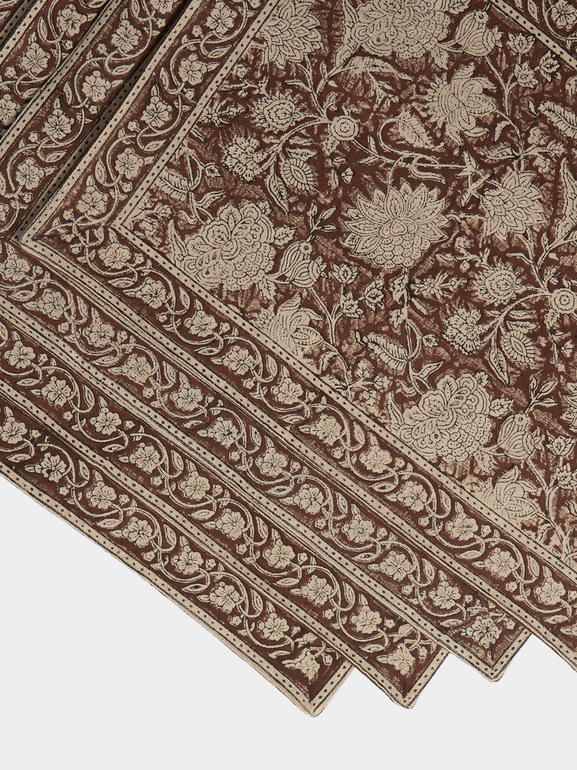 Chamois - Indian Rose Block-Printed Linen Placemats (Set of 4) - Brown - ABASK