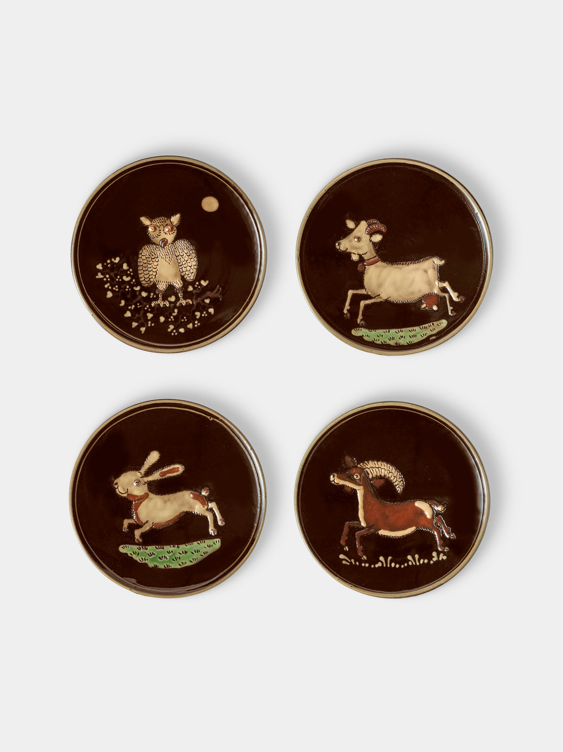 Poterie d’Évires - Animals Hand-Painted Ceramic Plates – 5.5in/14cm (Set of 4) - Dark Brown - ABASK - 