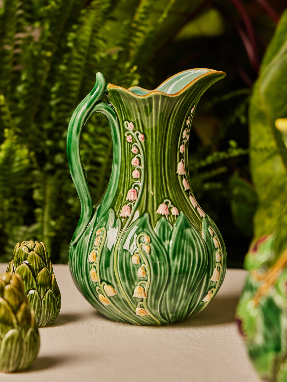 Verdolini - Lily of the Valley Hand-Painted Majolica Ceramic Pitcher - Green - ABASK