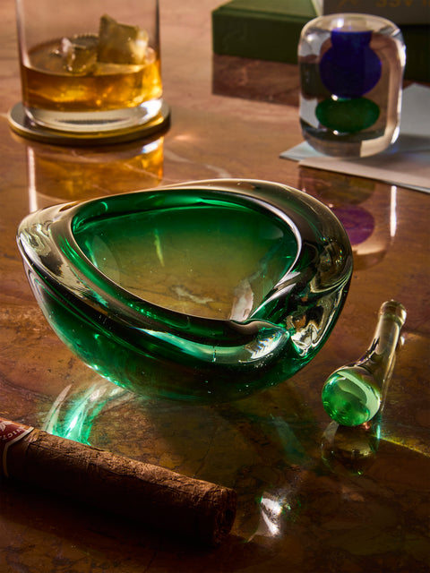 Antique and Vintage - Mid-Century Murano Glass Ashtray with Stopper - Green - ABASK