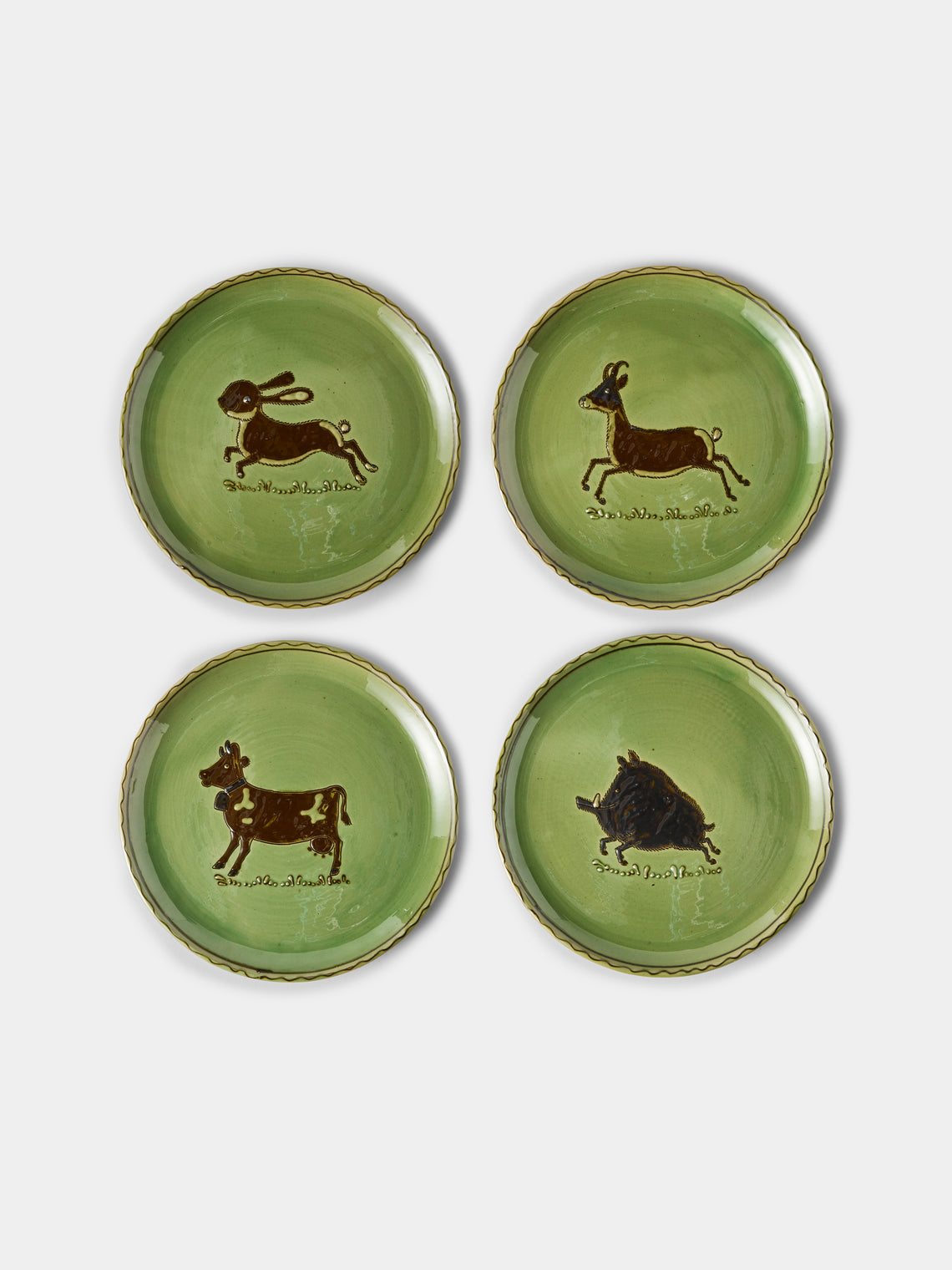 Poterie d’Évires - Animals Hand-Painted Ceramic Dinner Plates – 9.5in/24cm (Set of 4) - Green - ABASK - 